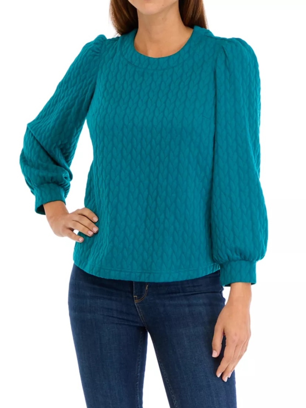 Teal Textured Puff-Sleeve Women's Top